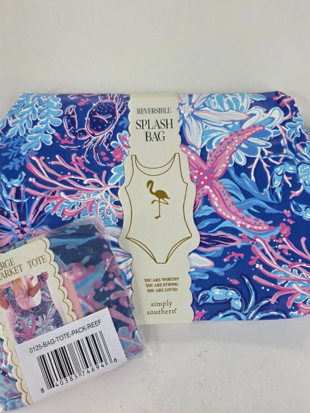 Simply Southern Blue Reef Reversible Swim Splash 2pc Set Beach Pool Wet Bag Tote